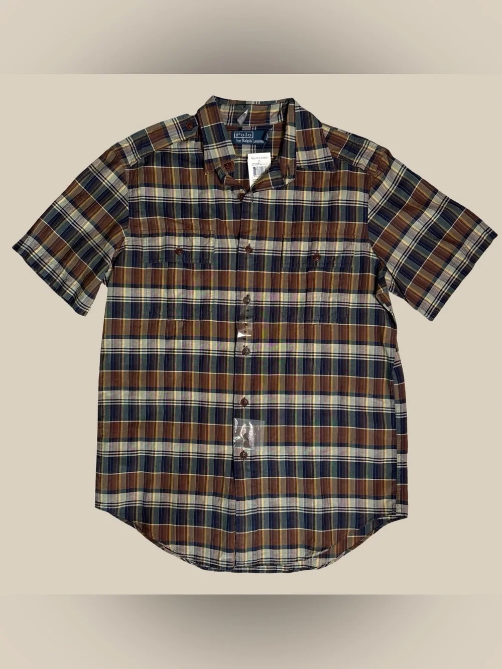 Polo Ralph Lauren Men’s Plaid Cotton, Short Sleeve Button Down, Brown, Navy SZ M